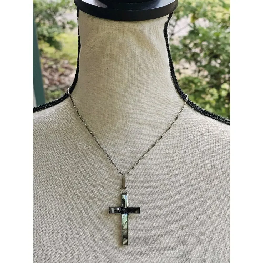 Vintage Cross Pendant Abalone Shell Inlay Mexico Southwestern Boho Festival - Picture 3 of 9